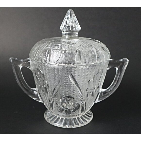 Depression Glass Iris And Herringbone Cream and Sugar with Lid Jeanette  1930's - Picture 6 of 7